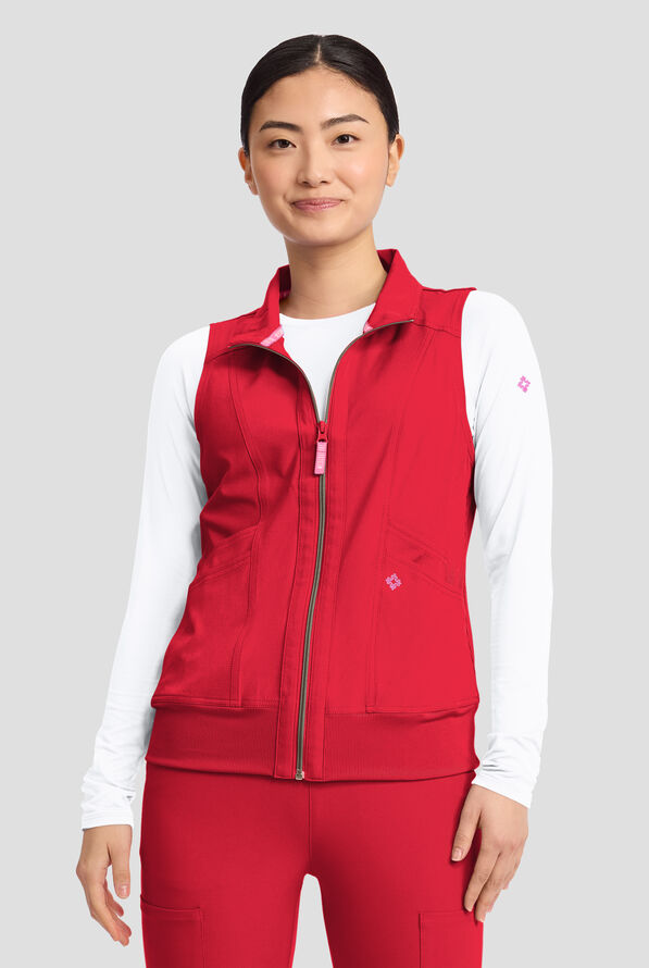 Med Couture Amp Women's 4-Pocket STRETCH Zip Front Removable Hoodie Scrub Vest - Solar Flare - 2