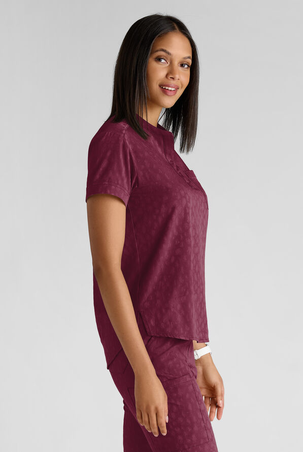Easy STRETCH Bella Women's Jacquard 1-Pocket Henley Scrub Top - Wine - 5
