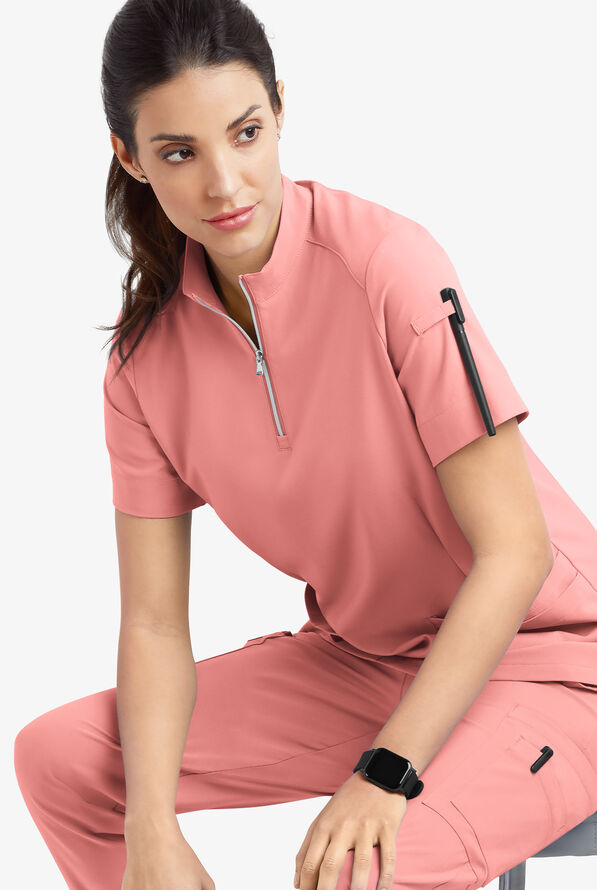 Blusa médica Easy STRETCH Jen con cremallera en el cuello y 4 bolsillos para mujer - Autumn Coral - 7
