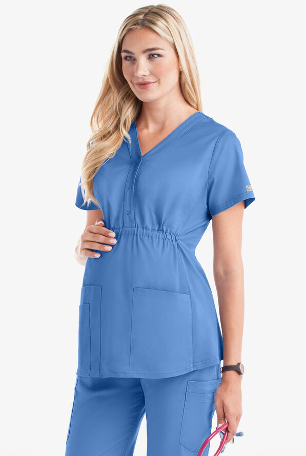 Butter-Soft STRETCH Women's 3-Pocket Knit Panel Maternity Scrub Top - Ceil Blue - 2