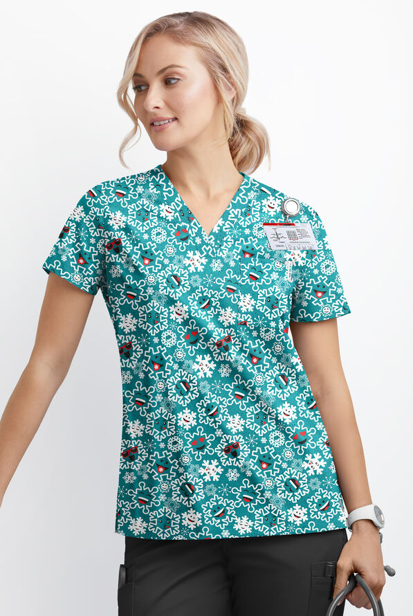 Butter-Soft Smiling Snowflakes Teal Women's 1-Pocket V-Neck Tuck-In Print Scrub Top - null - 2