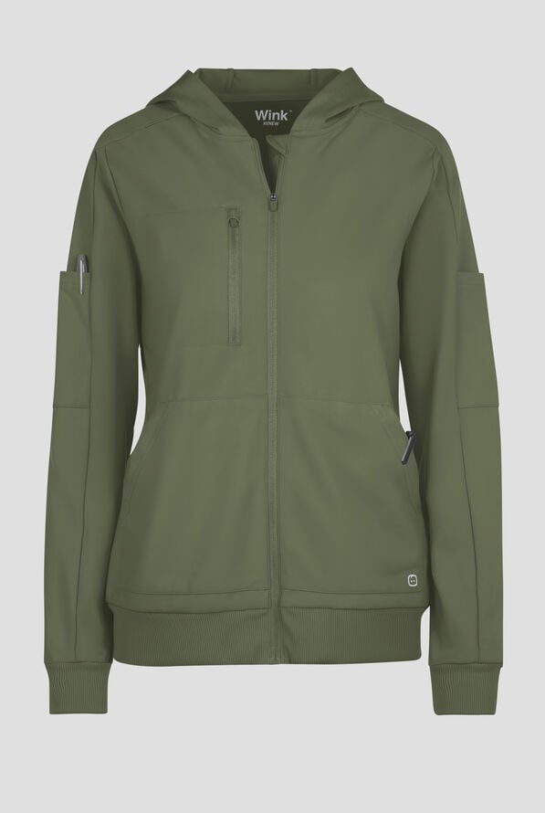 Wink Renew Knit Women's 4-Pocket STRETCH Front Zip Scrub Hoodie Jacket - Olive - 1