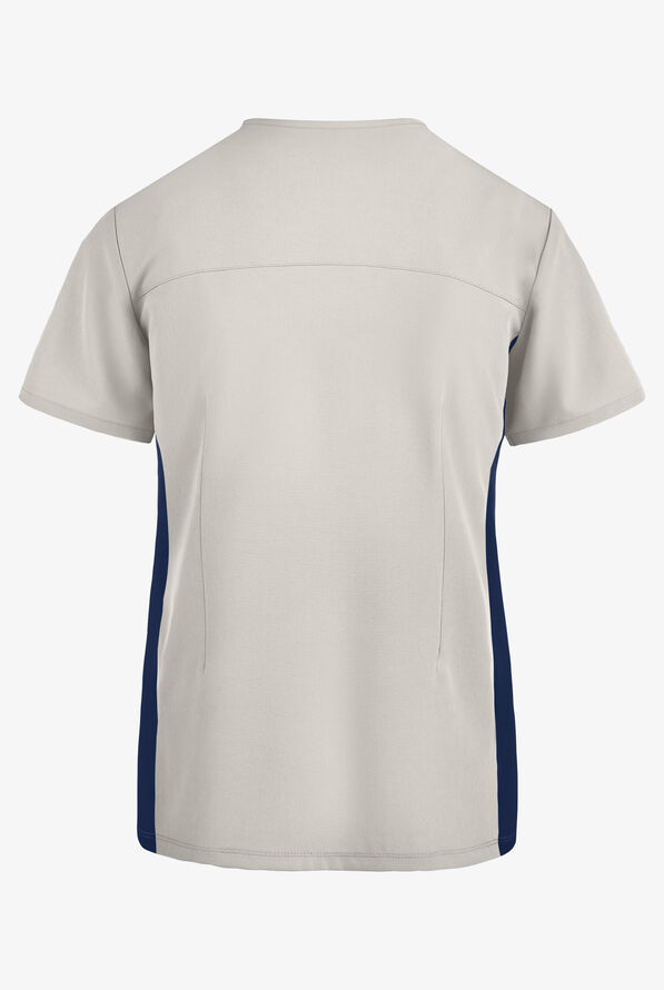 Maevn Matrix Impulse Women's 2-Pocket STRETCH Micro Rib Side Panel Mock Wrap Scrub Top - Quiet Grey/Navy - 2