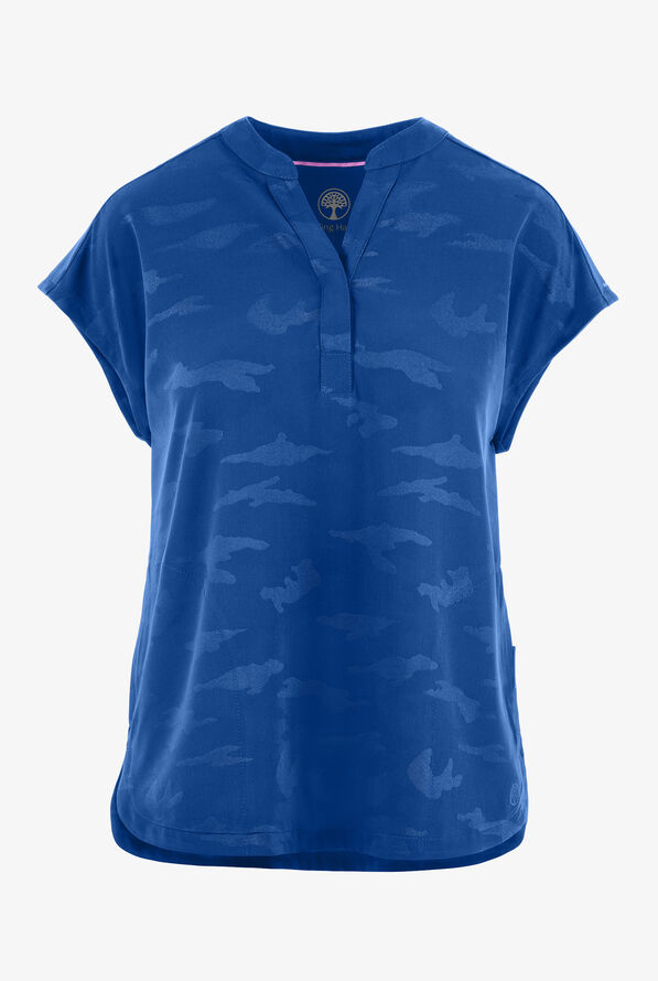 Healing Hands Purple Label Camo Women's 2-Pocket STRETCH Dolman Sleeve Mandarin Collar Scrub Top - Royal - 1