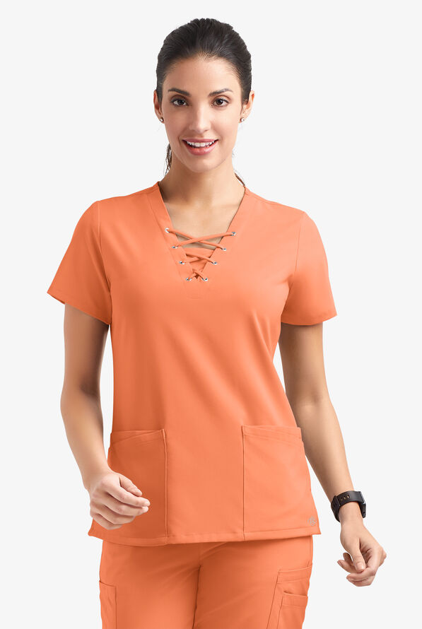 Easy STRETCH Gisele Women's 4-Pocket Lace Up V-Neck Scrub Top - Coral Haze - 2