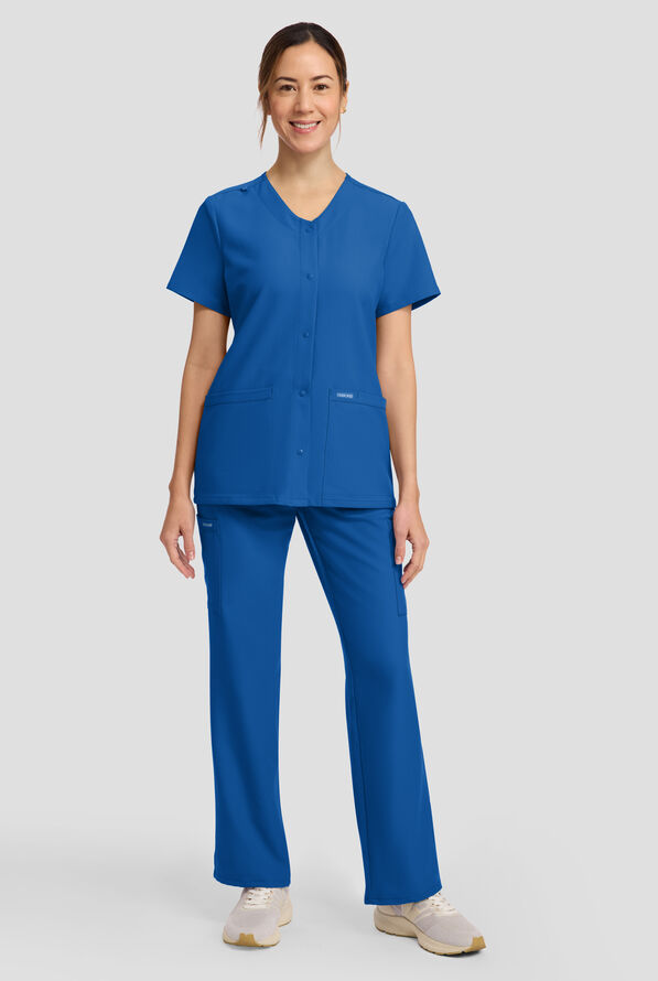Cherokee Workwear Originals Ultra Women's 2-Pocket Snap Front V- Neck Scrub Top - Royal - 3