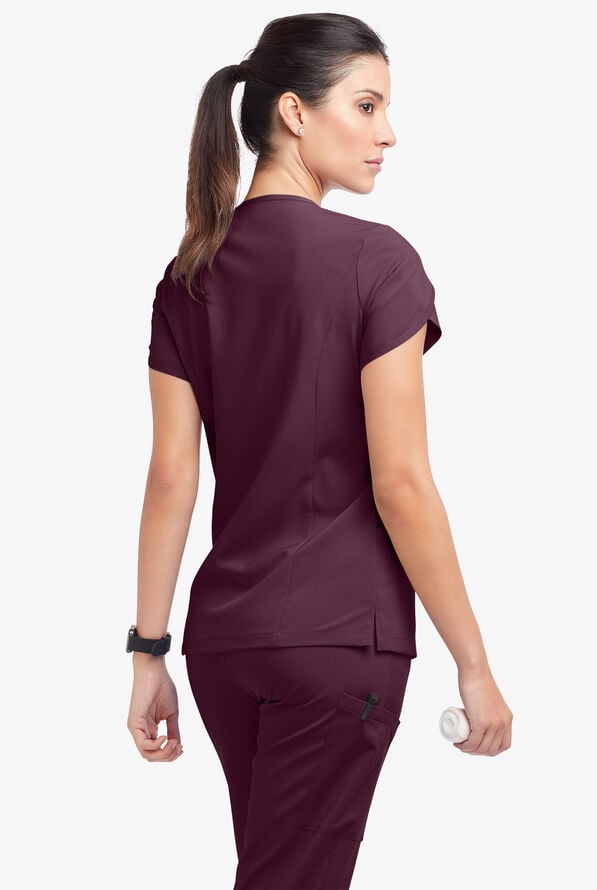 Easy STRETCH Daisy Women's 4-Pocket V-Neck Scrub Top with Petal Sleeves - Dark Mulberry - 4