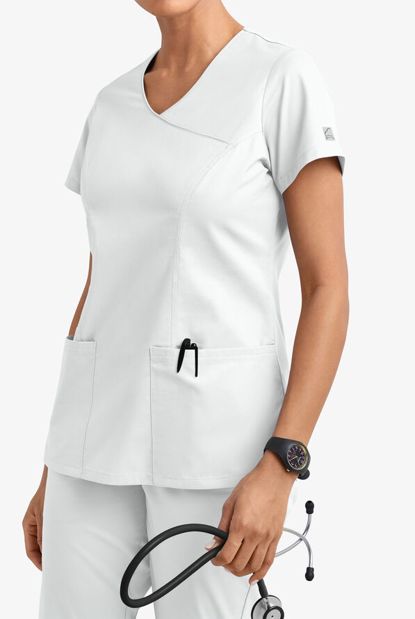 Butter-Soft STRETCH Women's 3-Pocket V-Neck Mock Wrap Scrub Top - White - 2