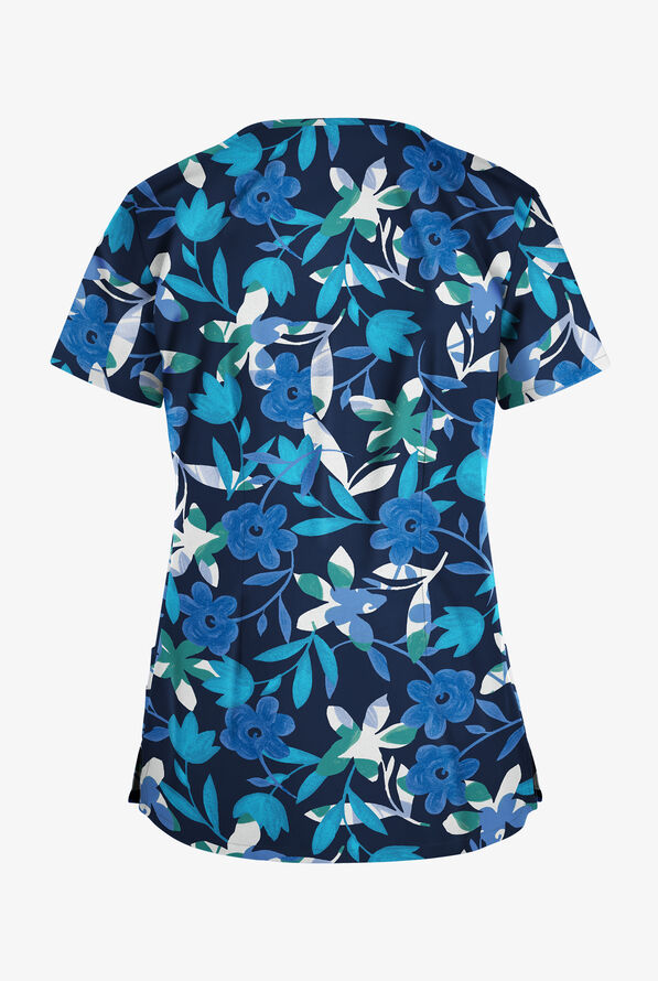 UA Butter-Soft Matisse Floral Navy Women's 4-Pocket Rounded V-Neck ...