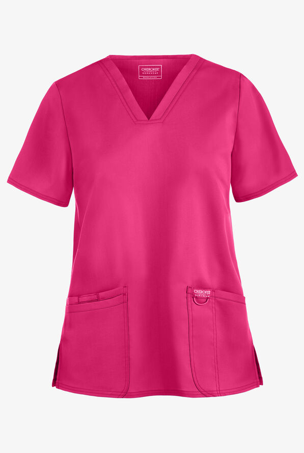 Cherokee Workwear Revolution Women's 3-Pocket STRETCH V-Neck Scrub Top - Electric Pink - 1