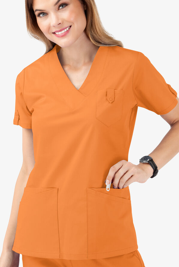 Butter-Soft STRETCH Women's 6-Pocket V-Neck Scrub Top - Apricot Crush - 5