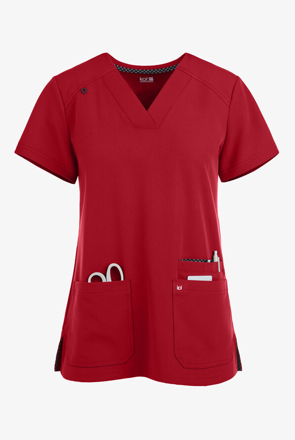 koi Next Gen Hustle and Heart Women's 3-Pocket STRETCH V-Neck Scrub Top - Ruby - 1
