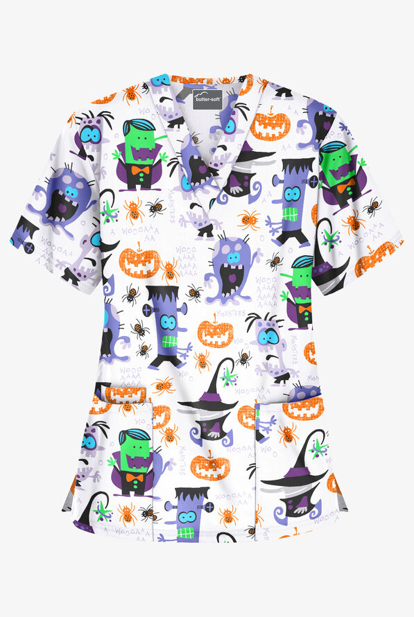 UA ButterSoft Halloween Walk White Printed Women's 3Pocket VNeck