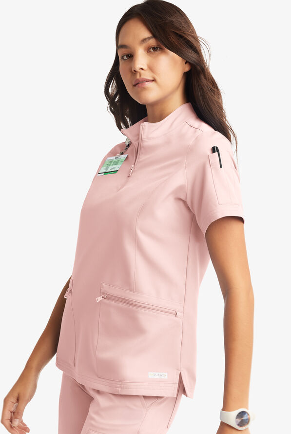 Butter-Soft Women's 5-Pocket Zipper Neck Short Sleeve Scrub Top **Slightly IRREGULAR** - Sweet Pink - 3