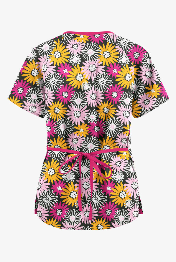 Butter-Soft Originals Pop Of Daisies Women's 3-Pocket Mock Wrap with Ties Print Scrub Top - null - 2