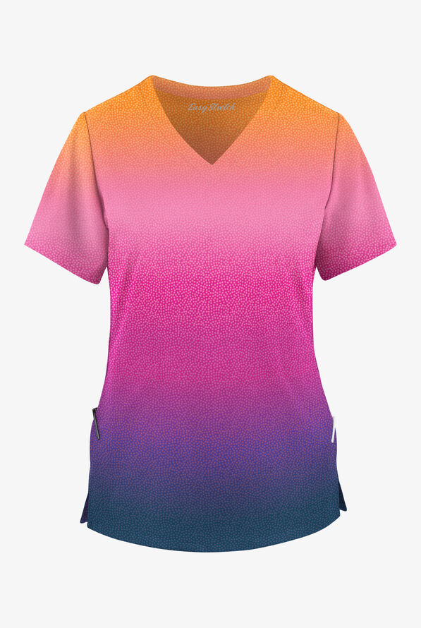 Easy STRETCH Pixel Ombre Navy Women's 2-Pocket V-Neck Print Scrub Top - null - 1