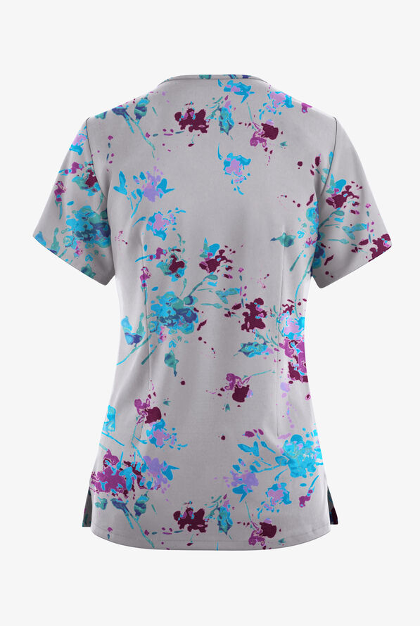 Butter-Soft Originals Floral Splash Silver Women's 4-Pocket Rounded V-Neck Print Scrub Top - null - 2
