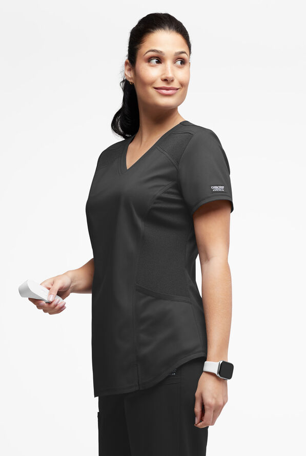 UA Exclusive Cherokee Workwear Revolution Women's 2-Pocket STRETCH Mesh Trim V-Neck Scrub Top - Black - 2