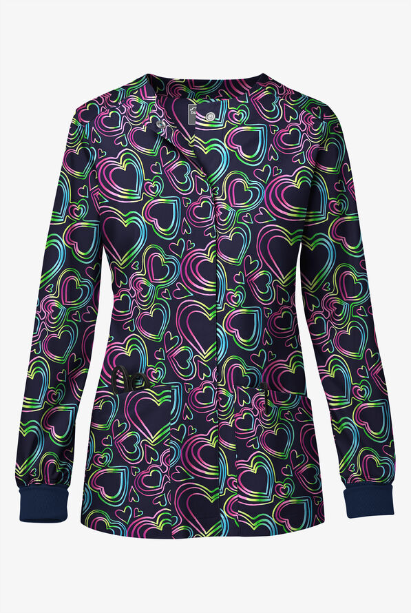 Butter-Soft STRETCH Neon Hearts Women's 3-Pocket Snap Front Print Scrub Jacket - null - 1