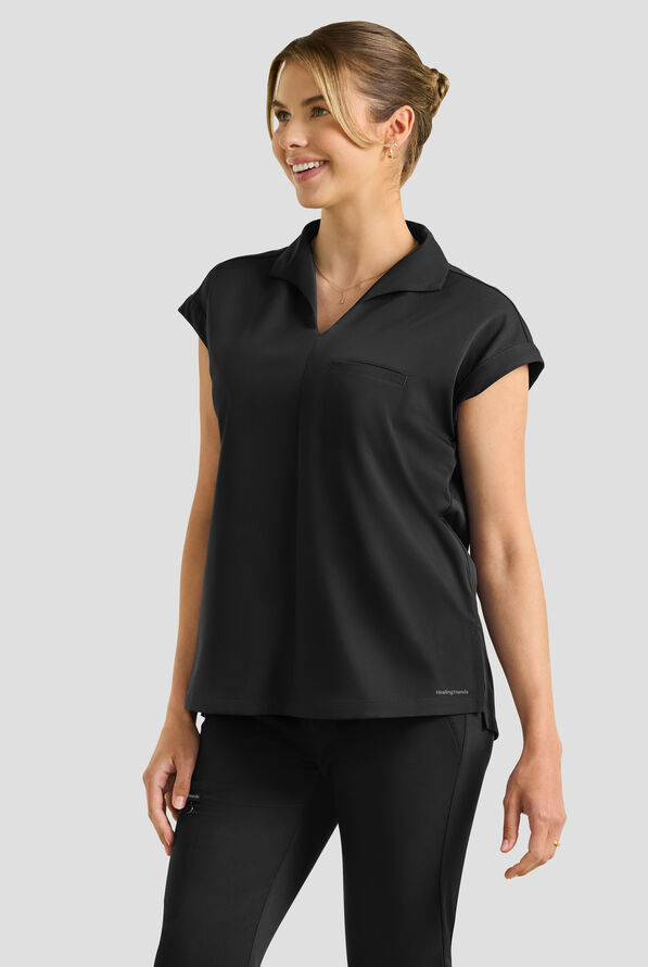 Healing Hands Purple Label Women's 1-Pocket STRETCH Dolman Sleeve Notch Collar Scrub Top - Black - 2