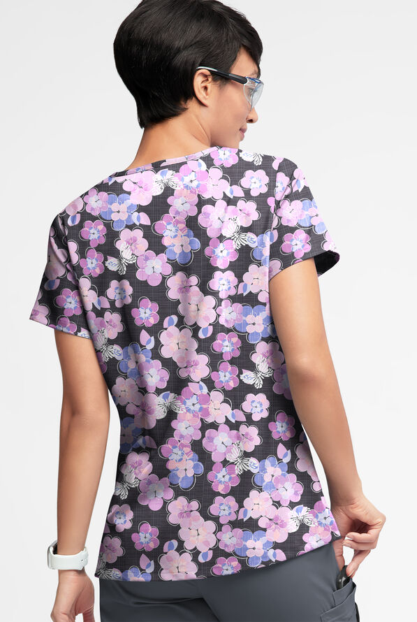 Strictly Scrubs STRETCH Blooms And Butterflies Women's 3-Pocket V-Neck Mock Wrap Print Scrub Top - null - 2