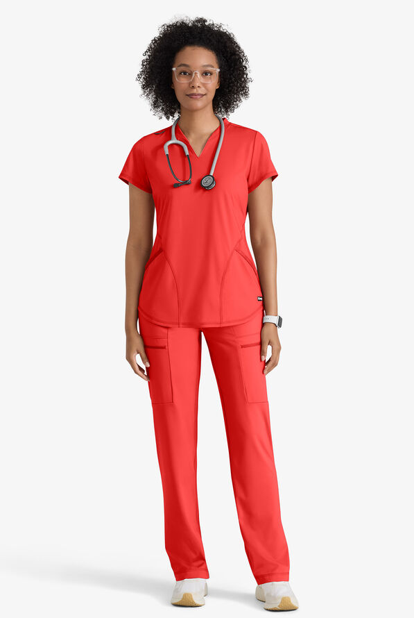 Grey's Anatomy by Barco Knit STRETCH Define Women's 2-Pocket Banded Notched V-Neck Scrub Top - Radiant Coral - 3