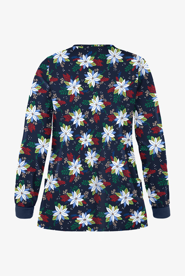 Butter-Soft Winter Floral Navy Women's 2-Pocket Warm-Up Print Scrub Jacket - null - 2