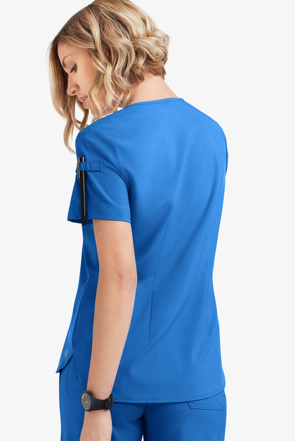 Blusa m&eacute;dica Easy STRETCH Nikki con cuello festoneado y 1 bolsillo para mujer - Cerulean - 4
