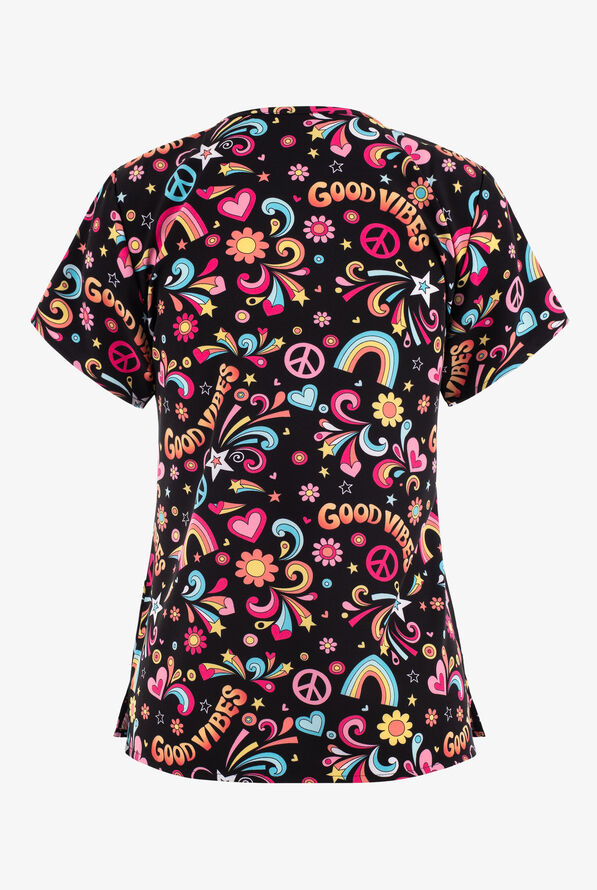 Zoe & Chloe Good Vibes Flowers and Rainbows Women's 2-Pocket STRETCH V-Neck Print Scrub Top - null - 2