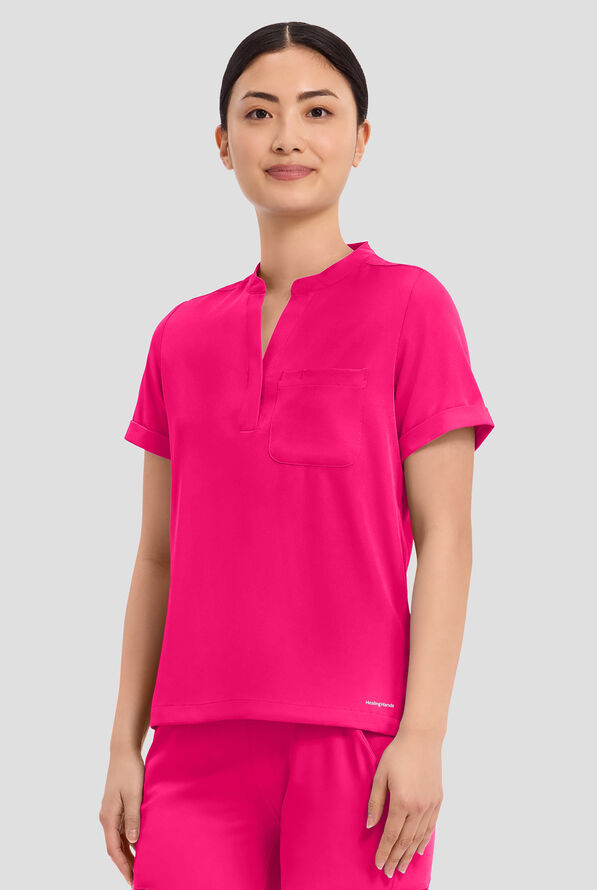 HH Works by Healing Hands Macy Women's 1-Pocket STRETCH Mandarin Collar Tuck In Scrub Top - Carnation Pink - 2