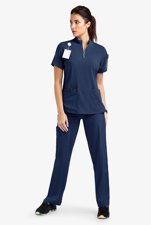Easy STRETCH Jen Women's 4-Pocket Zip-Neck Short Sleeve Scrub Top - Navy - 2