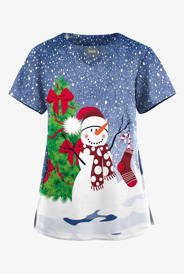 Butter-Soft Originals Festive Snowman Navy Women's 2-Pocket Scallop Neck Print Scrub Top - null - 1
