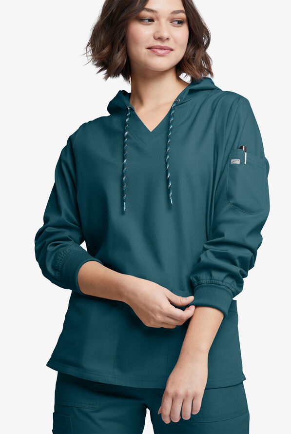 Strictly Scrubs Women's 5-Pocket Long Sleeve Pullover Hoodie - Caribbean Blue - 2