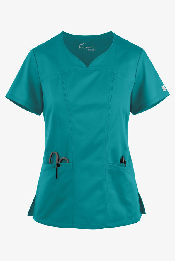 Butter-Soft STRETCH Women's 4-Pocket Sweetheart Neck Scrub Top - Teal - 1