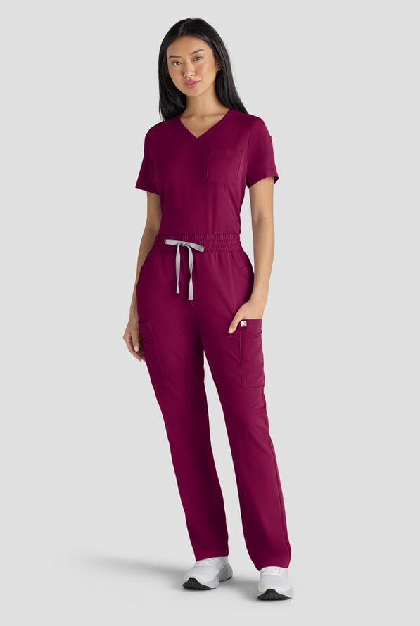 ReSurge Topaz Women's 11-Pocket Drawstring Scrub Pants - Petite - Wine - 8