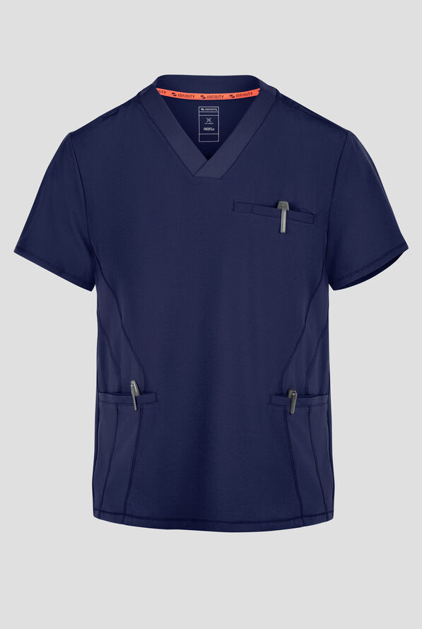 Infinity GNR8 Men's 3-Pocket STRETCH Rib-Knit Trim V-Neck Scrub Top - Navy - 1