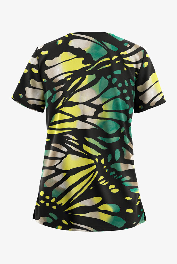 Butter-Soft STRETCH Bold Butterfly Navy Women's 2-Pocket V-Neck Print Scrub Top - null - 2