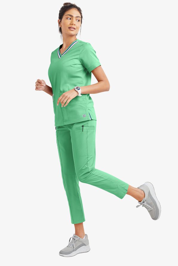 Butter-Soft STRETCH Women's 6-Pocket Pin-Tuck Crop Slim with Sport Trim Detail Scrub Pants - Green Jade/Silver Melange - 5
