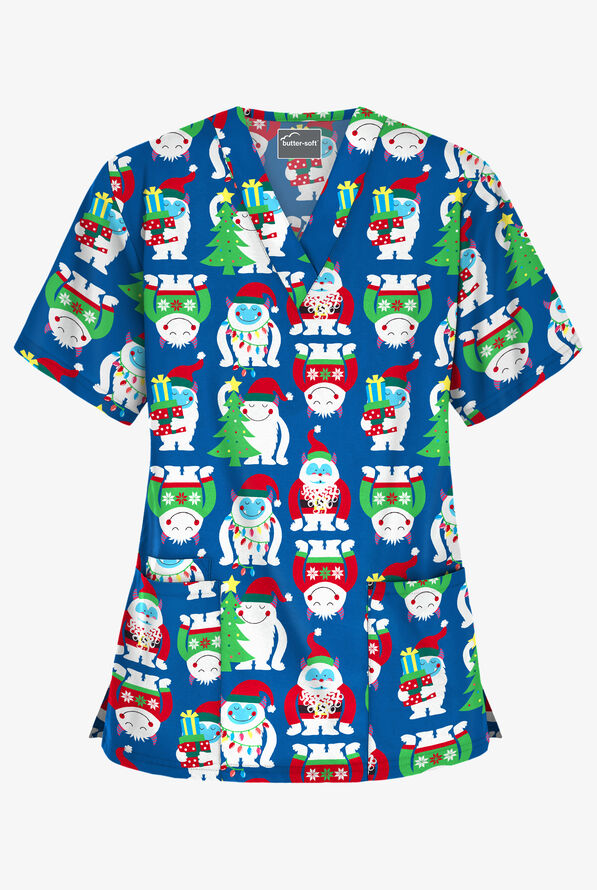 Butter-Soft Happy Monsters Royal Women's 3-Pocket V-Neck Print Scrub Top - null - 1
