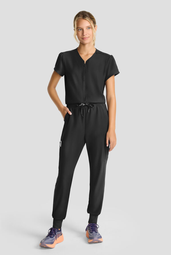 Med Couture Insight Women's 4-Pocket Zip Front Drawstring Waist Scrub Jumpsuit - Black - 1