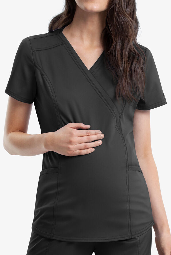 Cherokee Workwear Revolution Women's 2-Pocket STRETCH Maternity Mock Wrap Scrub Top - Black - 1