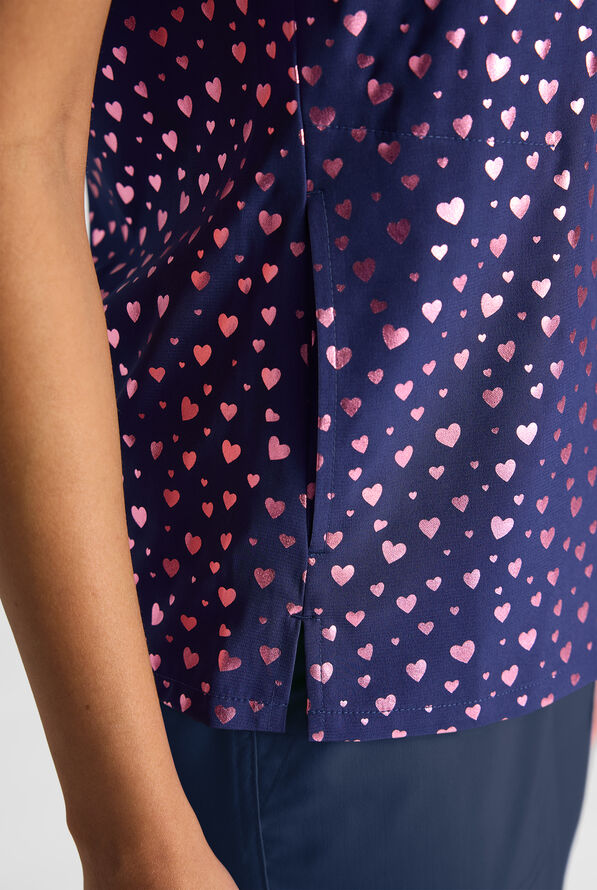 Easy STRETCH Shining Hearts Navy Women's 2-Pocket Tuck In  V-Neck Print Scrub Top - null - 3