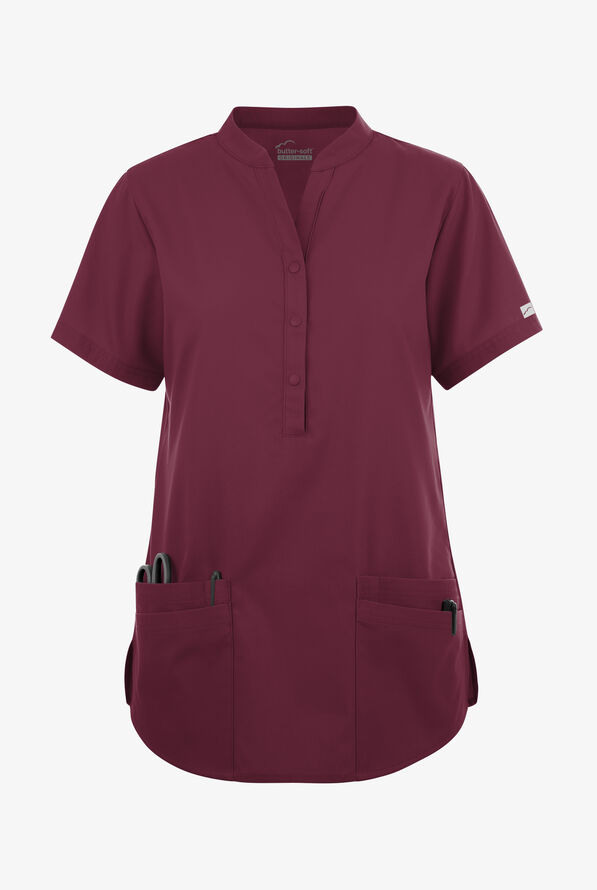 Blusa médica Butter-Soft Originals con cuello mao y 6 bolsillos para mujer - Wine - 1