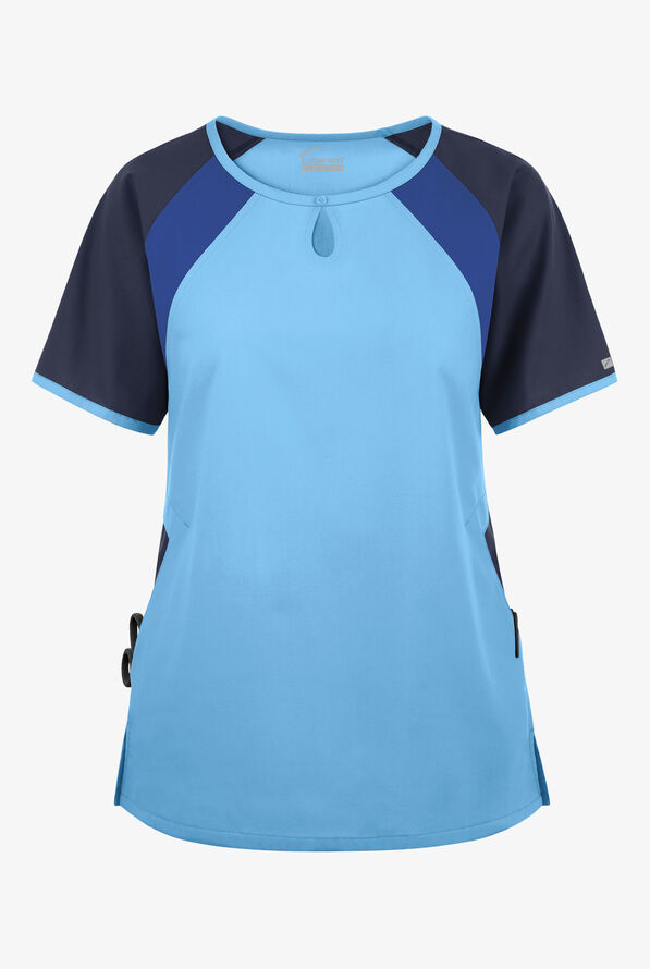 Blusa médica Butter-Soft Originals Tri-Colorblock con cuello ojo de cerradura y 3 bolsillos para mujer - Blue Oasis/Navy/Galaxy - 1