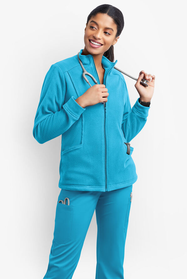 Butter-Soft STRETCH Women's 2-Pocket Zip Front Fleece Scrub Jacket - Turquoise - 2