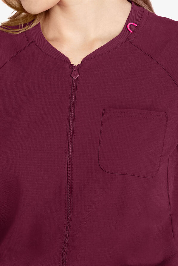 Med Couture Amp Women's 5-Pocket STRETCH  Zip Front Storm Cuff V-Neck Jumpsuit - Wine - 4