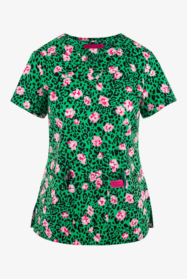 Betsey Johnson Leopard Flora Women's 2-Pocket STRETCH V-Neck Print Scrub Top - null - 1