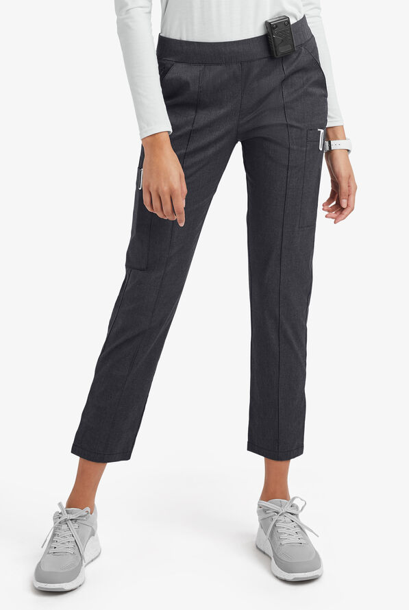 Butter-Soft STRETCH Women's 6-Pocket Pin-Tuck Crop Slim with Sport Trim Detail Scrub Pants - Heather Charcoal/Navy - 1