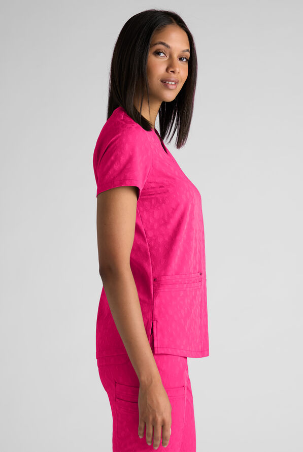Easy STRETCH Lina Women's Jacquard 4-Pocket V-Neck Scrub Top - Reactive Pink - 4