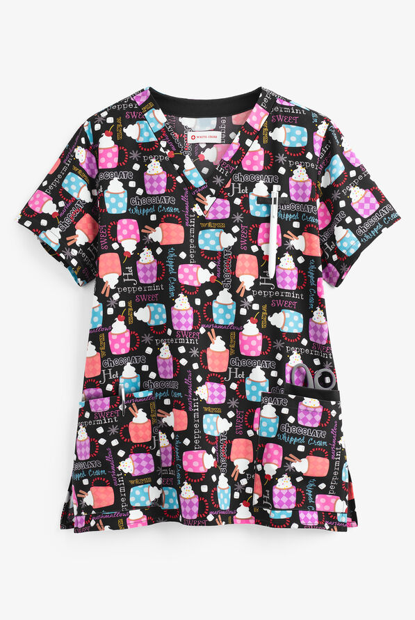 White Cross Sweet Chocolate Women's 3-Pocket V-Neck Print Scrub Top - null - 1